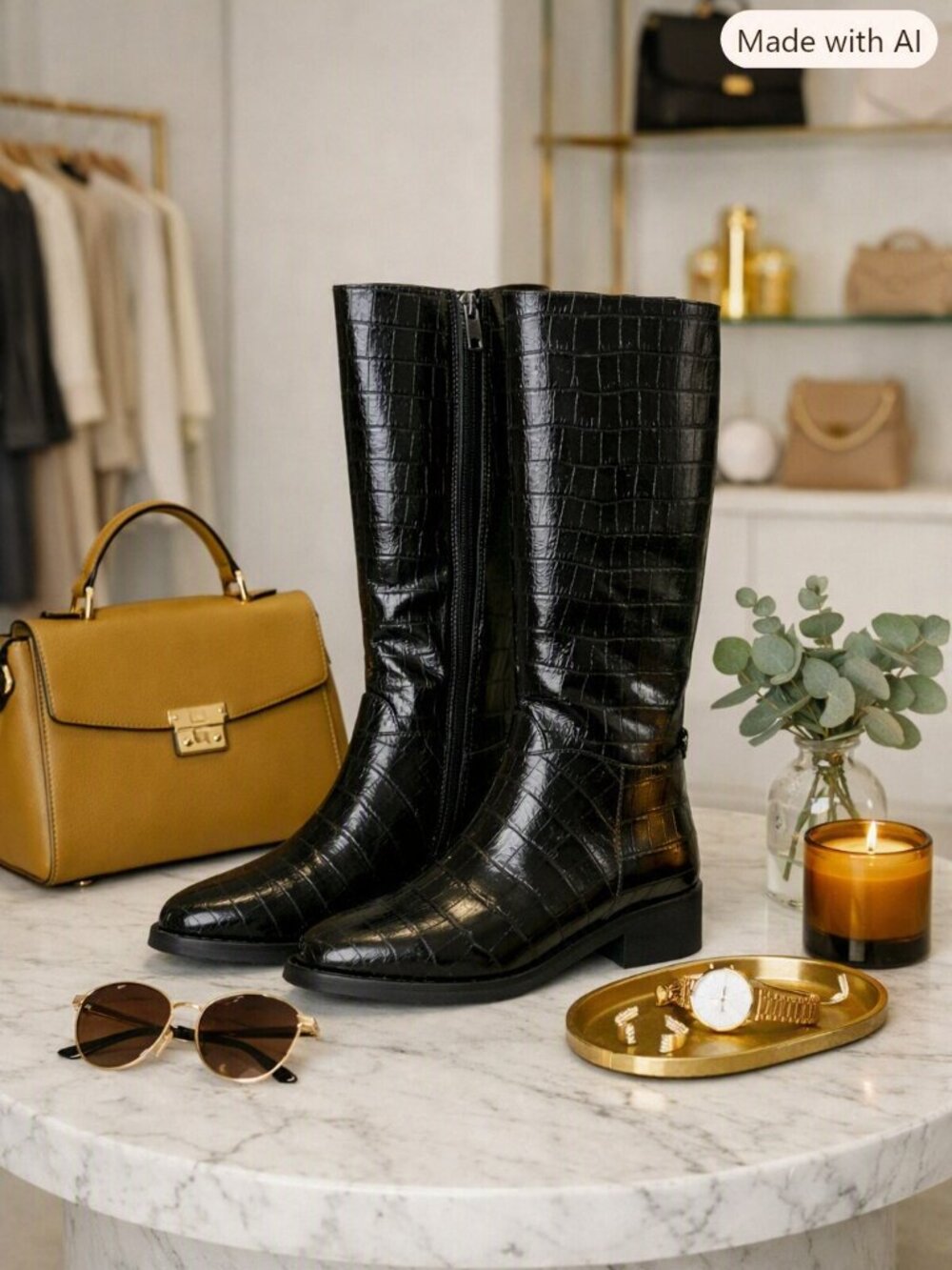 Black Knee high boots crocodile embossed texture